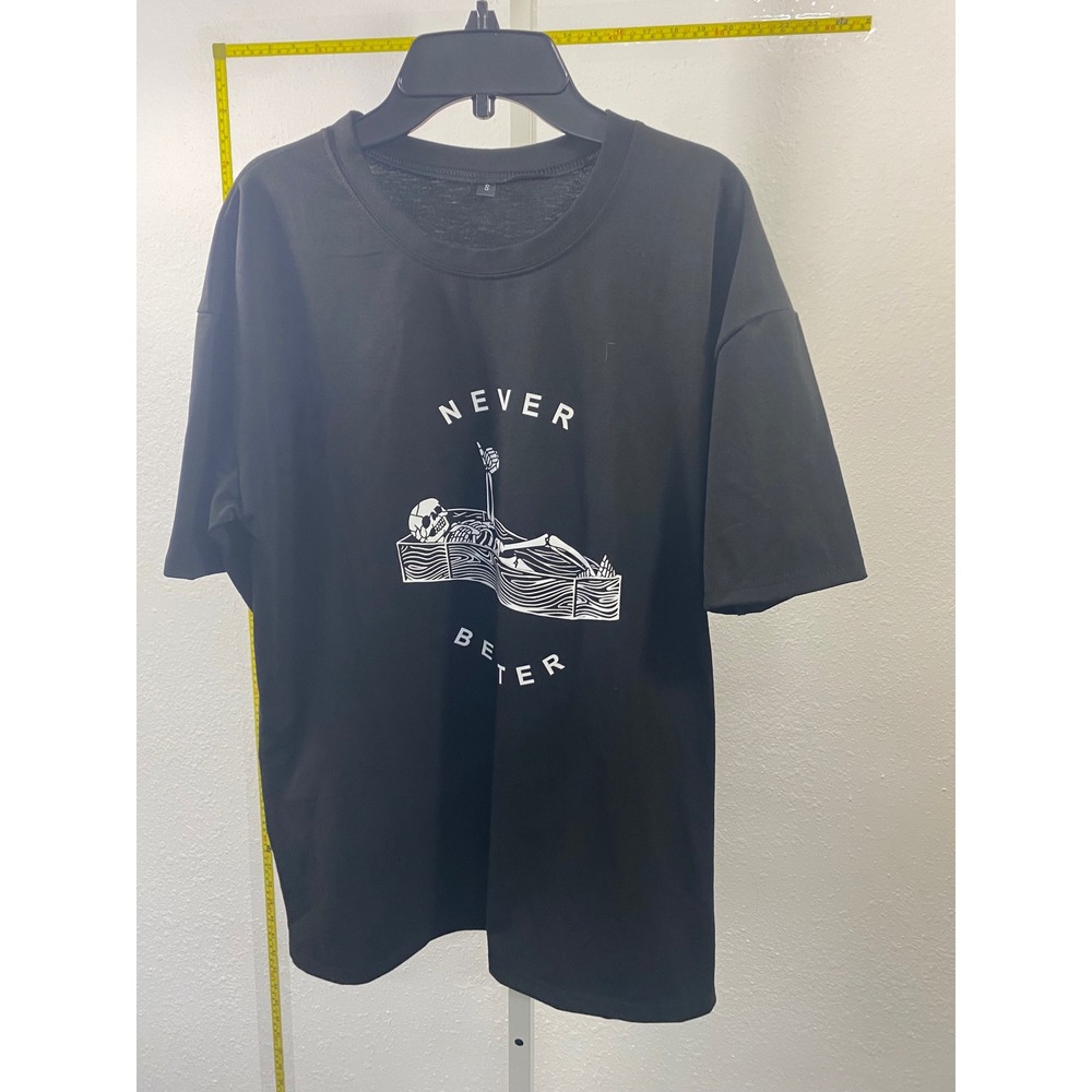Never Better Skeleton Coffin Graphic T-Shirt Black Oversized Crewneck Small